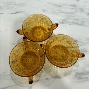 Vintage Indian Amber Glass Daisy Pattern Double Handle Teacups 1940s